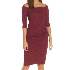 ELIZA J - Off the Shoulder Sheath Dress in Wine